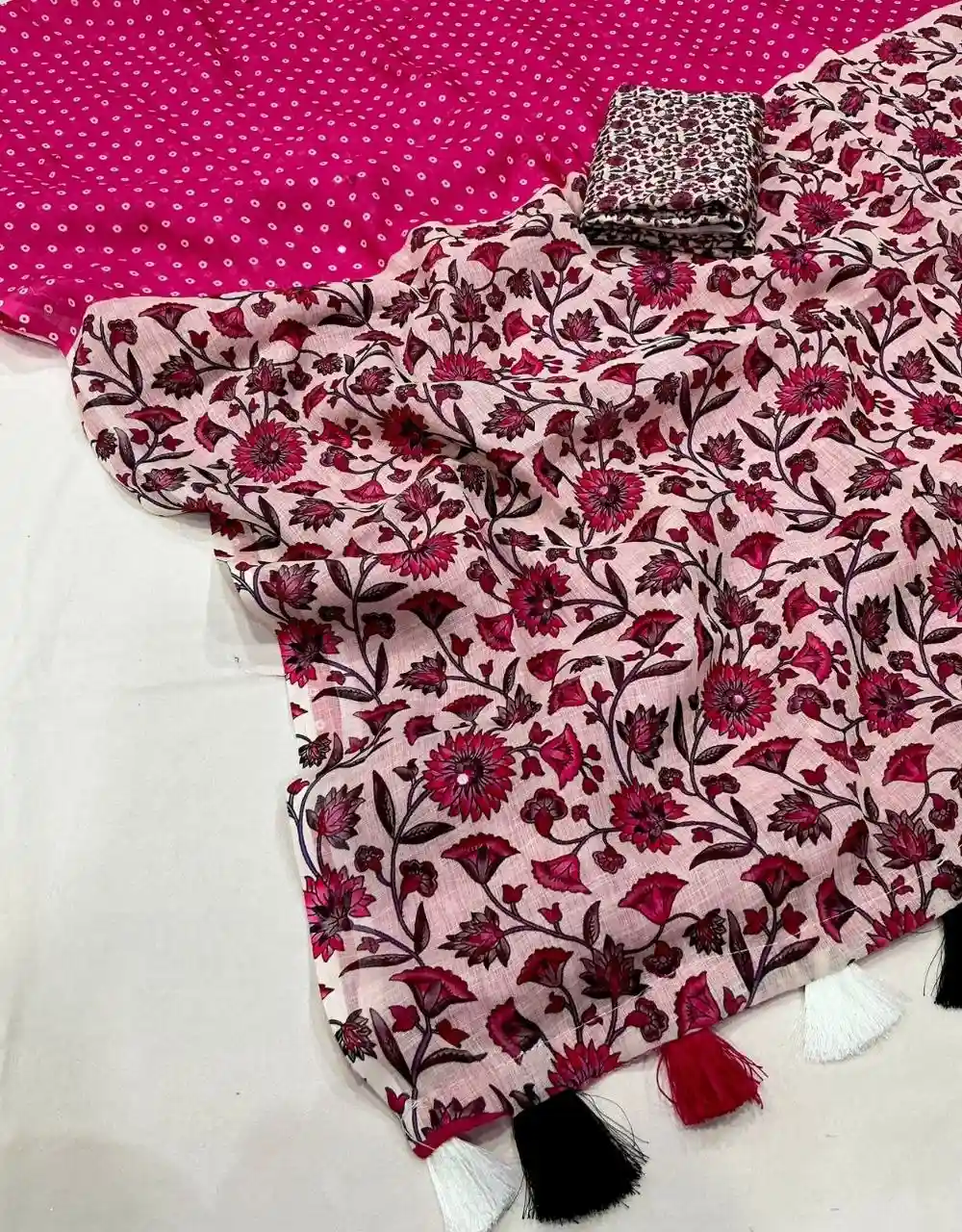 Floral Linen Printed Saree - Rani Pink